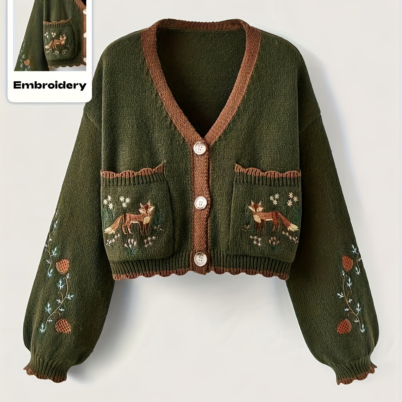 TEMU Autumn/winter Fox Embroidery V-neck Cardigan For Women, Short Bubble Sleeve Vintage -style Sweater Jacket