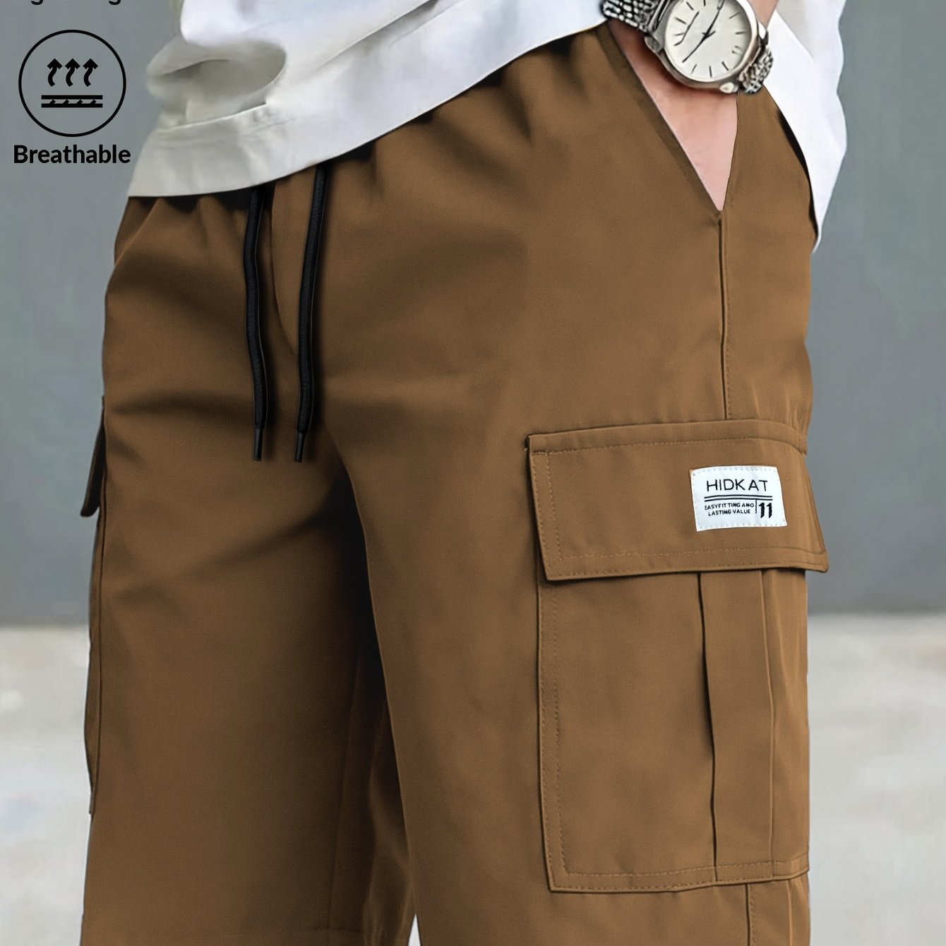 TEMU Men's Athletic Casual Cargo Shorts, Multi-pocket Drawstring Elastic Waistband, Suitable For Outdoor Hiking, Daily Running, And Commuting