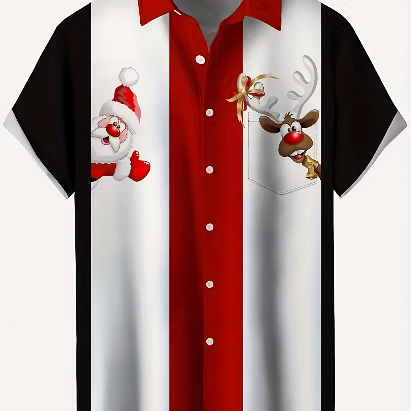 TEMU Santa Claus And Reindeer Pattern Print, Men's Block Plus Size Short Sleeve Collared Shirt For Casual Daily Wear