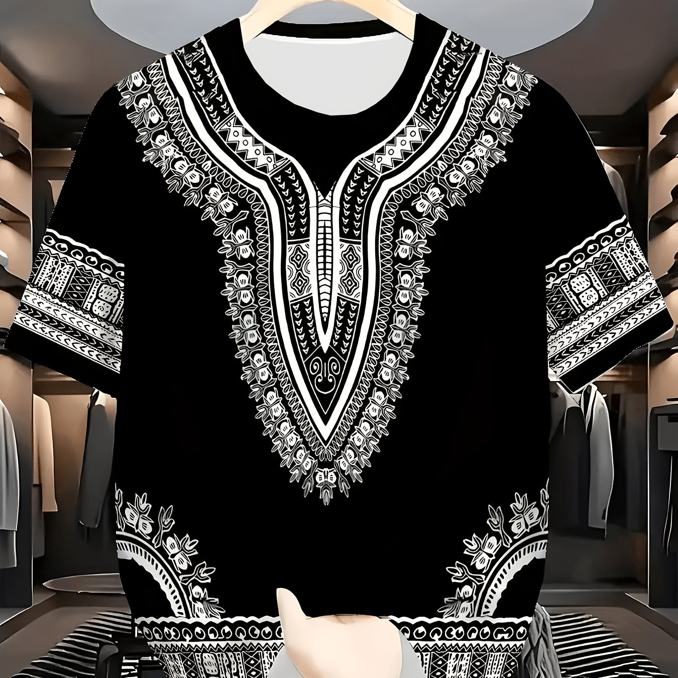 TEMU Men's Ethnic Print Novelty Crew Neck T-shirt, Fashionable, Casual, And Versatile, Suitable For Summer Travel And Dates, Used As A Gift, Men's