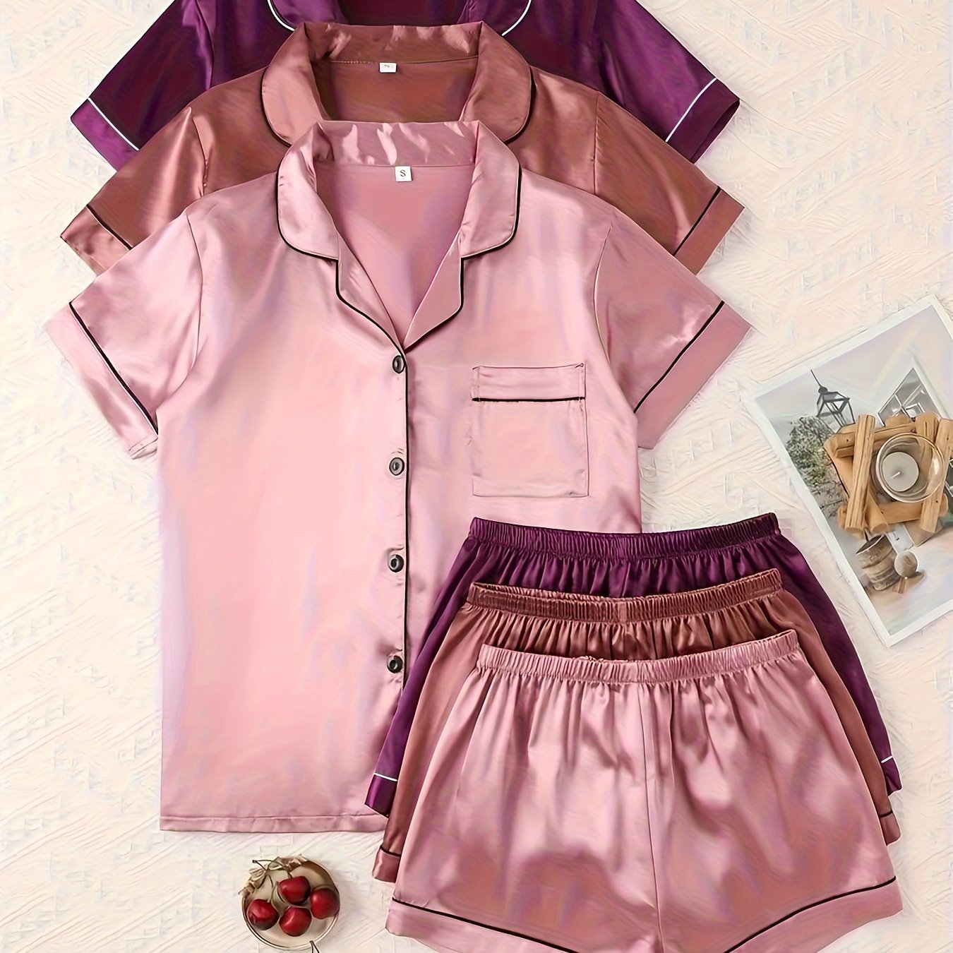 TEMU 3 Sets Of 6pcs Women's Satin Pajama Sets - Soft, Comfortable, Casual Short Sleeve Shirts & Elastic Waist Shorts In Solid Colors (purple, Pink,