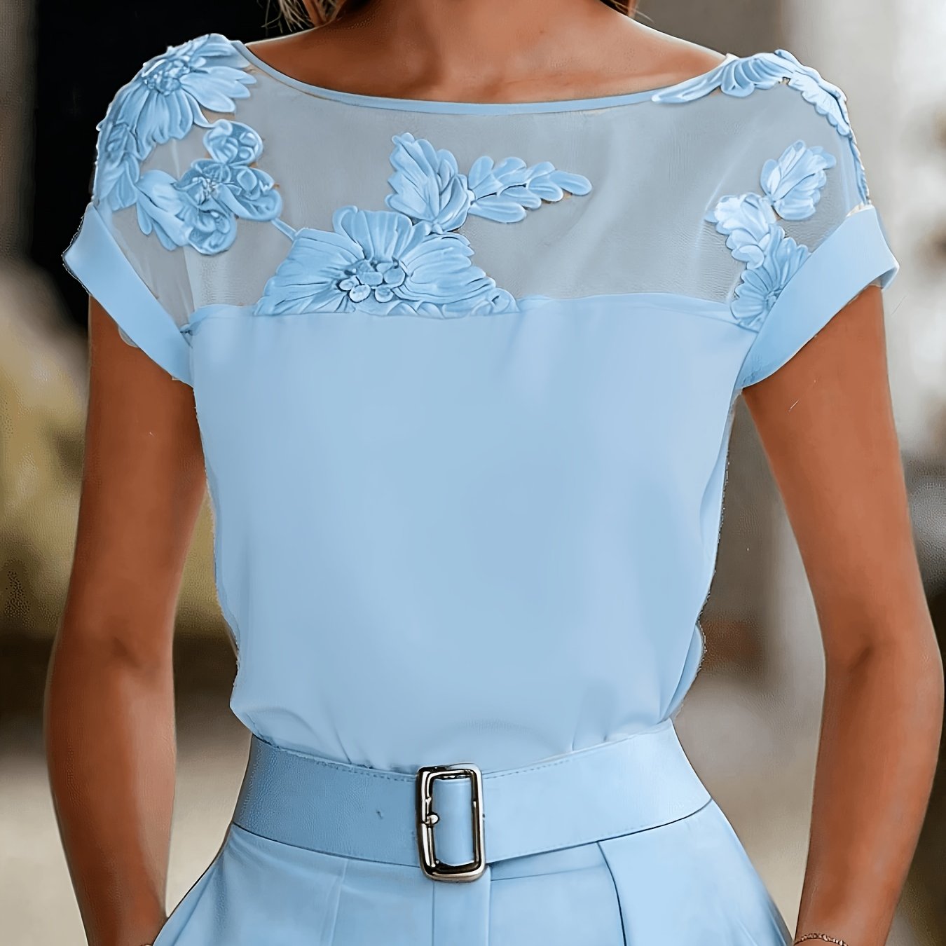 TEMU Women's Summer New Elegant Vacation And Office Mesh Embroidered Short Sleeve Shirt