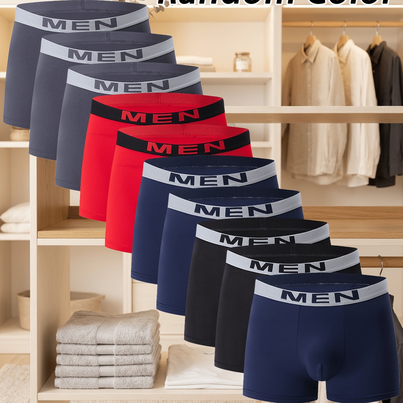 TEMU Random Color 10pcs Men's Boxer Briefs, Letter Print Wide Elastic Waistband, Solid Color Breathable Soft Underwear, Stretchy Fit Shorts, Smooth