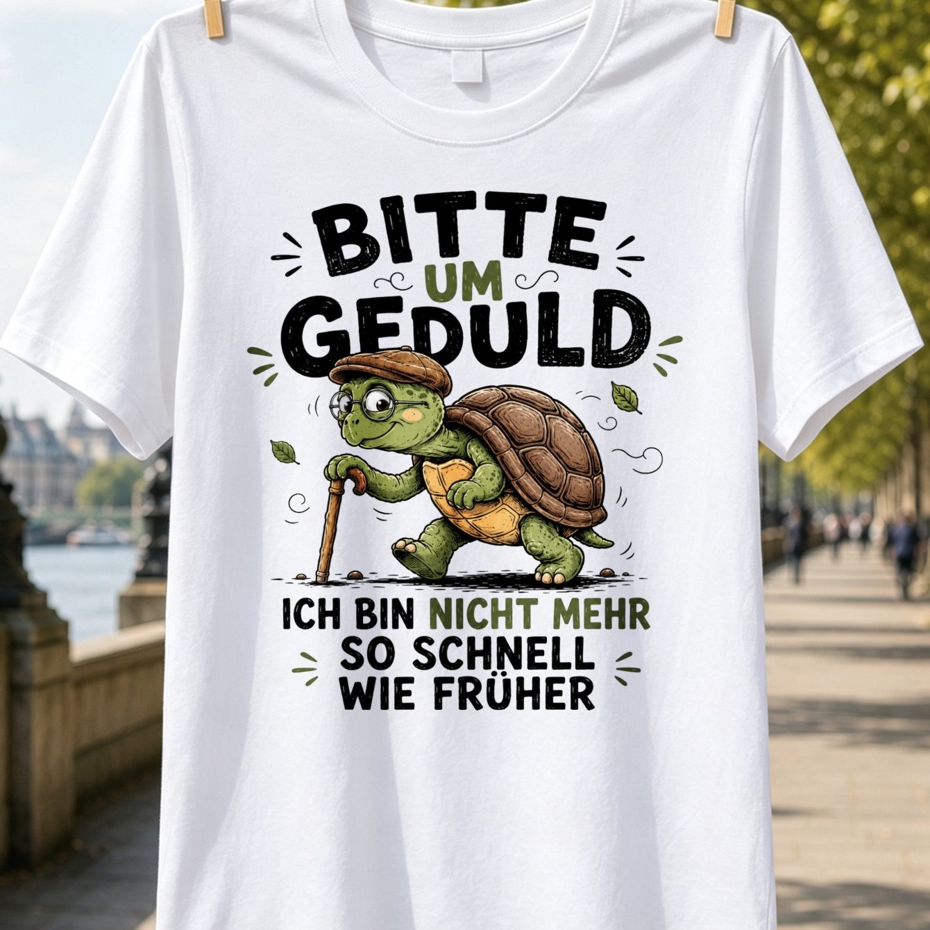 Image of Bitte Um Geduld German Text Old Cartoon Turtle In And Hurrying With A Cane Humor T-shirt Unisex T-shirt