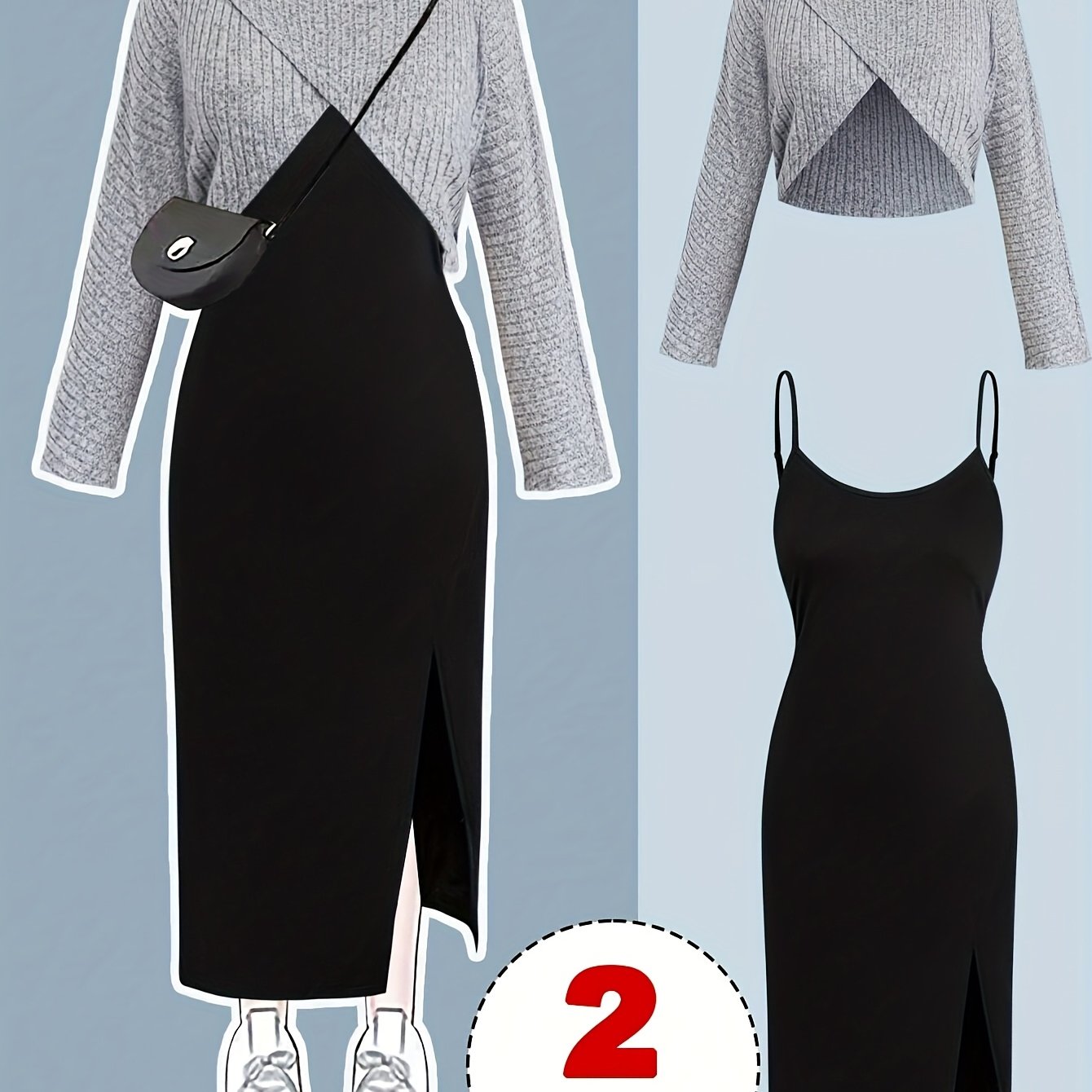 Women's 2pcs Set: Asymmetrical Sweater Top And Slit Pleated Camisole