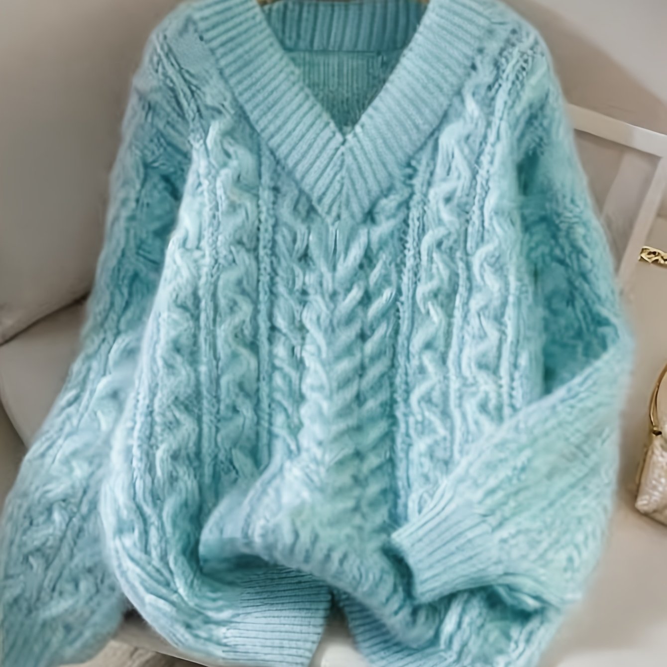 TEMU New Women's Pink Lazy Style V-neck Chunky Cable Pullover Sweater
