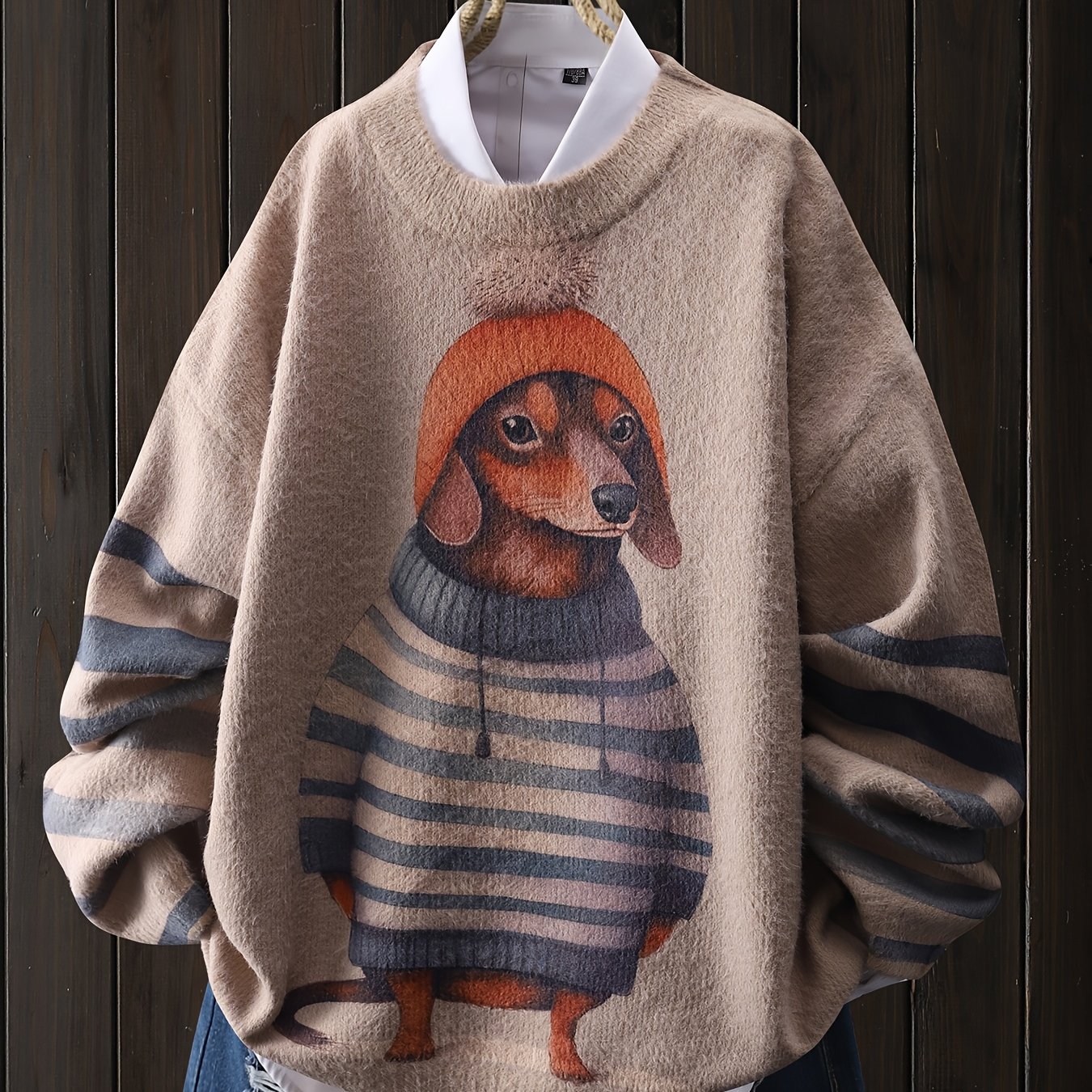 Cartoon Cute Dog Pattern Pullover, Casual Round Neck Long Sleeve Top For Women