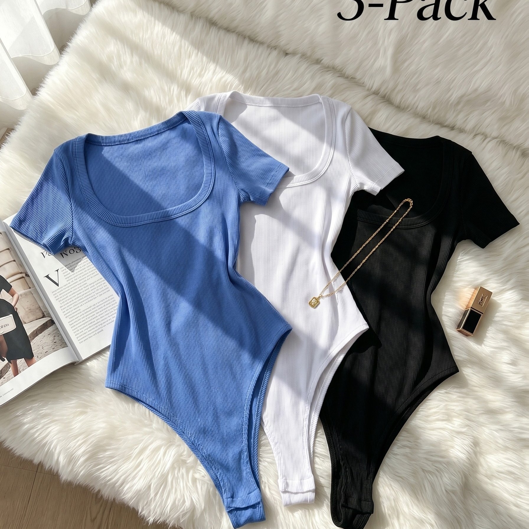 E-shop Damen Frühling/Sommer 3-teiliges geripptes Kurzarm-Body | U-Ausschnitt Slim Fit Stretch | Scharfer Stil Inner-/Aussen-Basis-Set