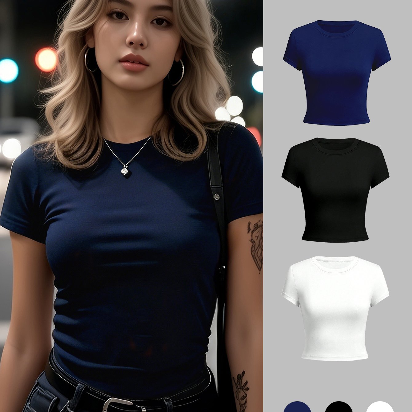 E-shop 3er-Pack Rundhals Kurzarm T-Shirt Damen Sommer Neu Unifarben Slim Casual Vielseitiges Kurzes Oberteil