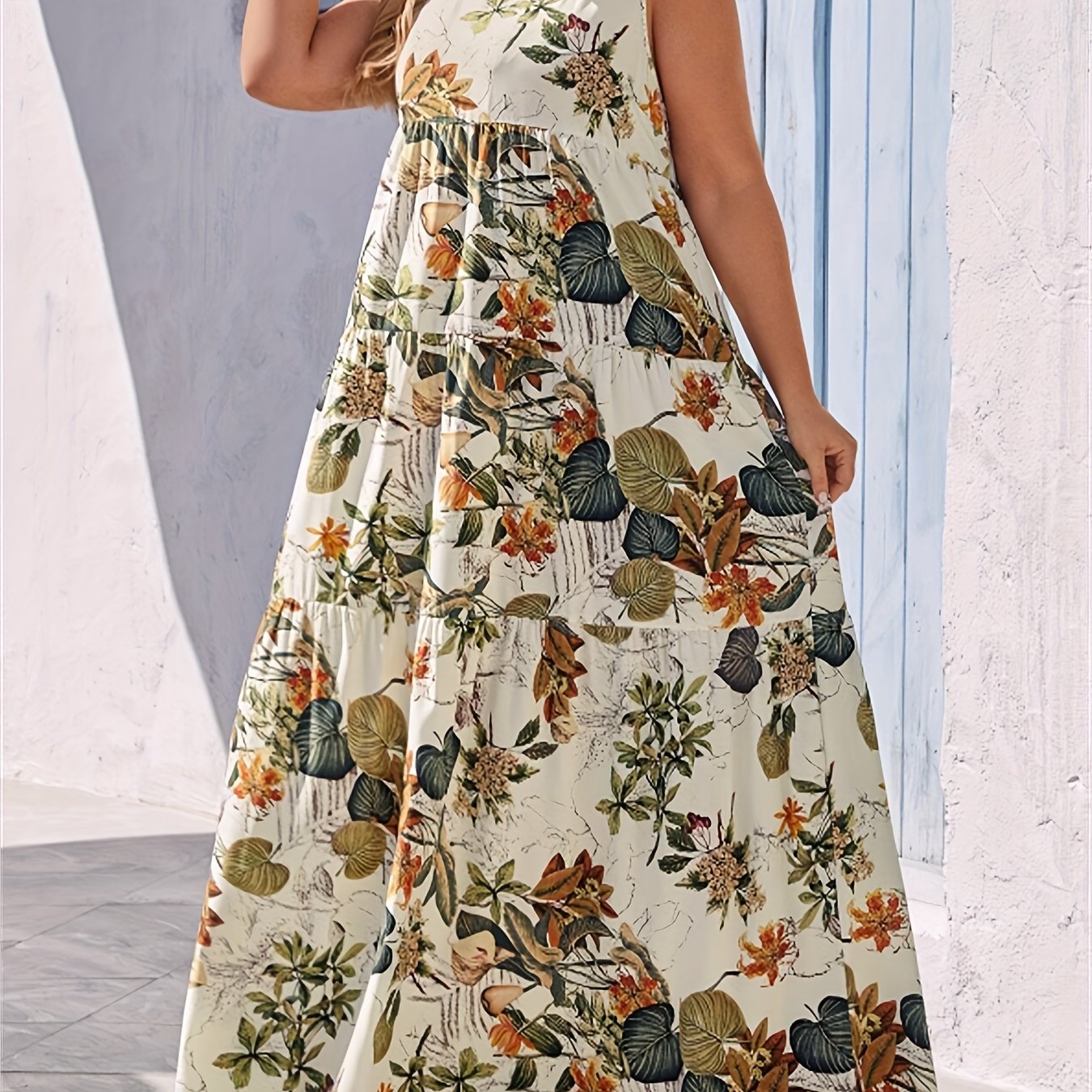 TEMU Plus Size Bohemian Floral Print Dress With Pockets, Sleeveless Dress For Women - Casual Vacation Wear, A-line Silhouette, Vibrant Leaf & ,