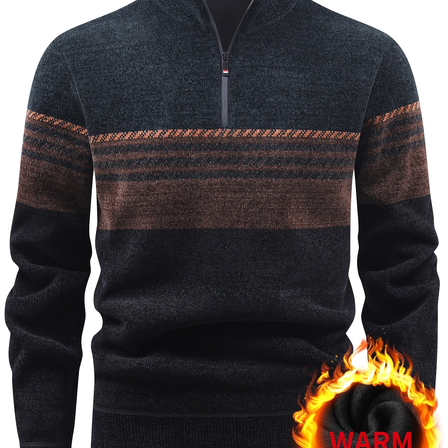Image of Men's Winter Knitted Sweater With Fleece Lining, Warm Zipper Collar Pullover, Color-block Striped Casual Sweater, Worn Alone Or As An Outerwear