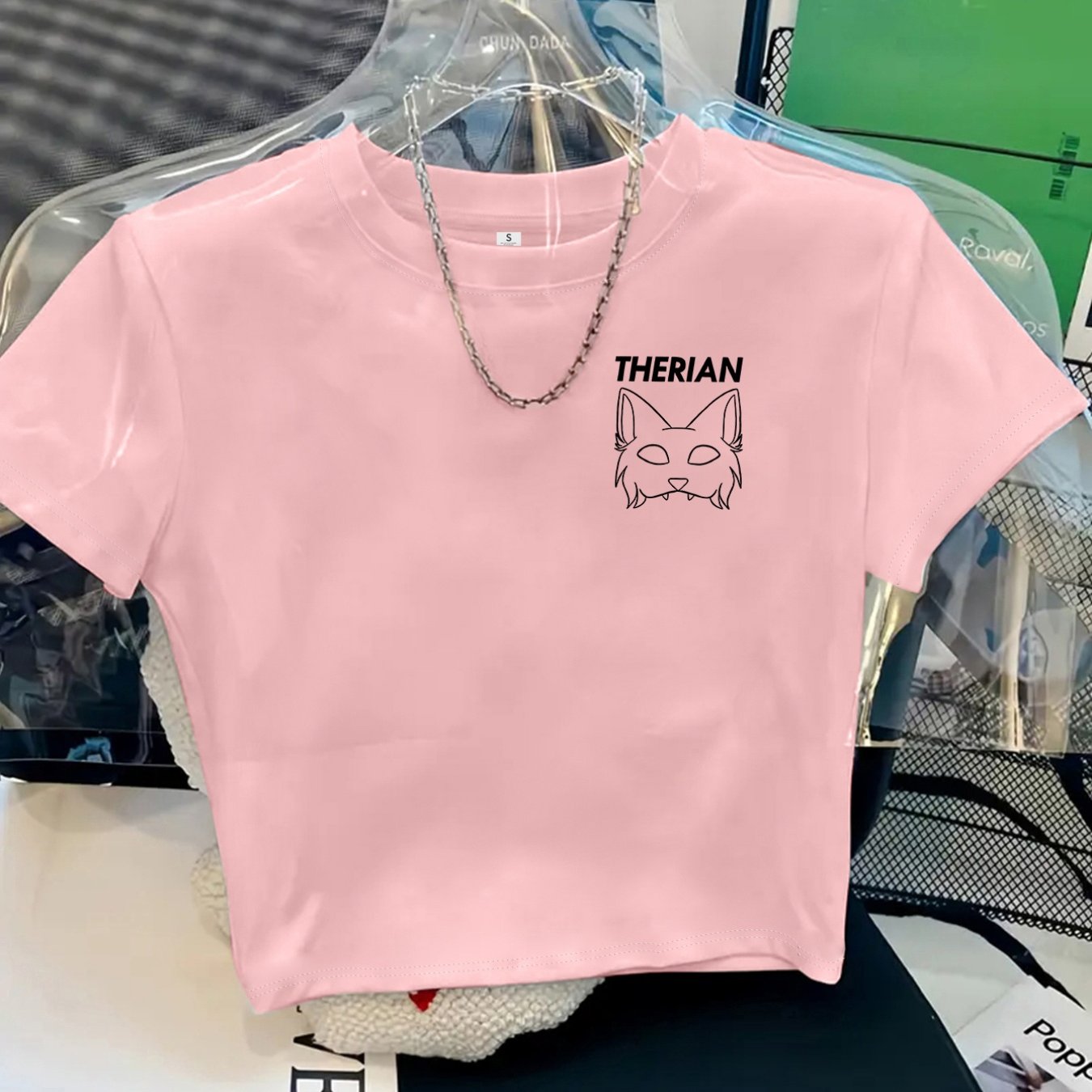 TEMU Meiling Printed Design - Not Textured Women's Fashion Crop Top With Cat Face Pattern, "therian" Text Print Above, Cropped Round Neck Top, Casual