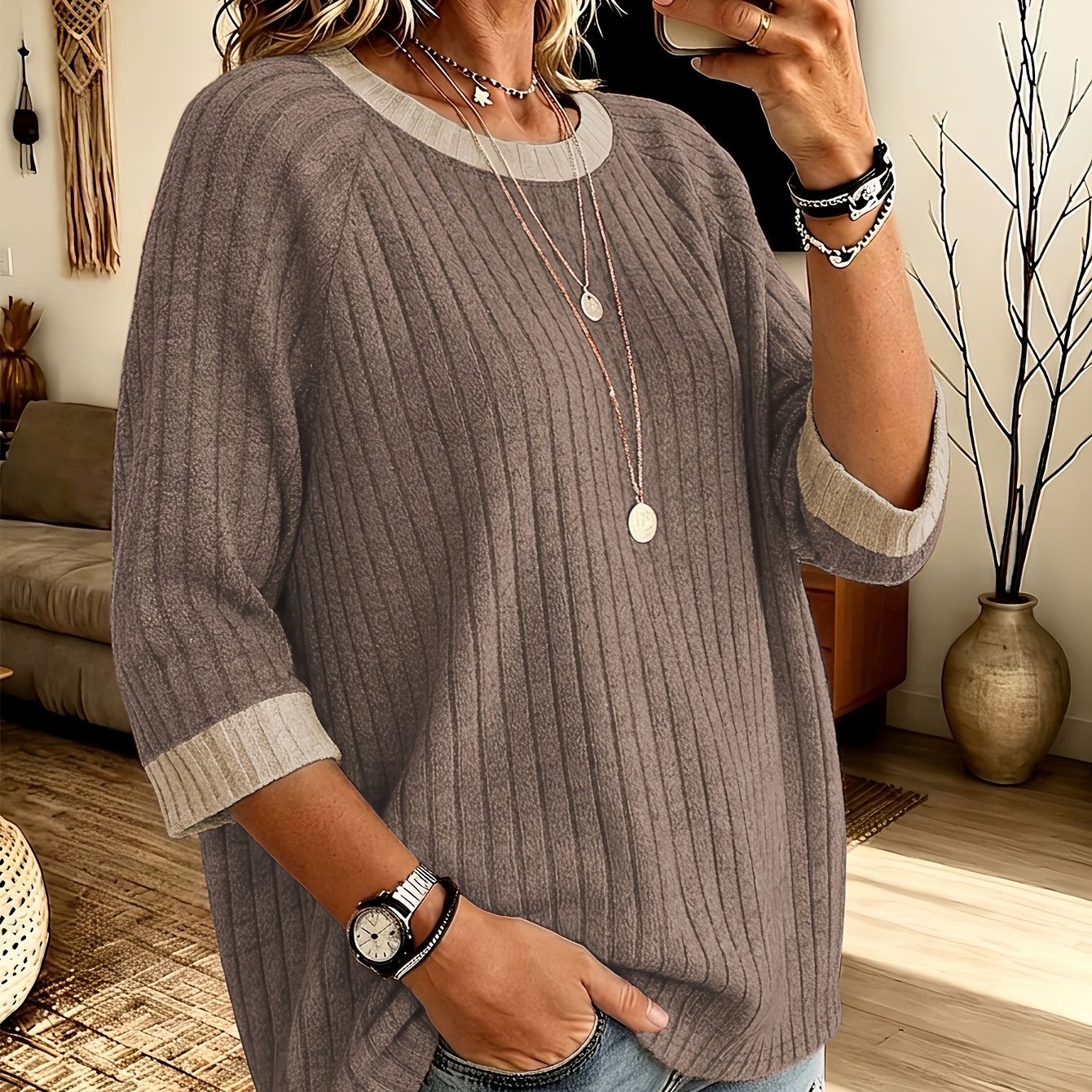 TEMU Women's Fashion 3/4 Sleeve Top, Comfortable Casual Color Block Basic Loose Neck Three-quarter Sleeve T-shirt
