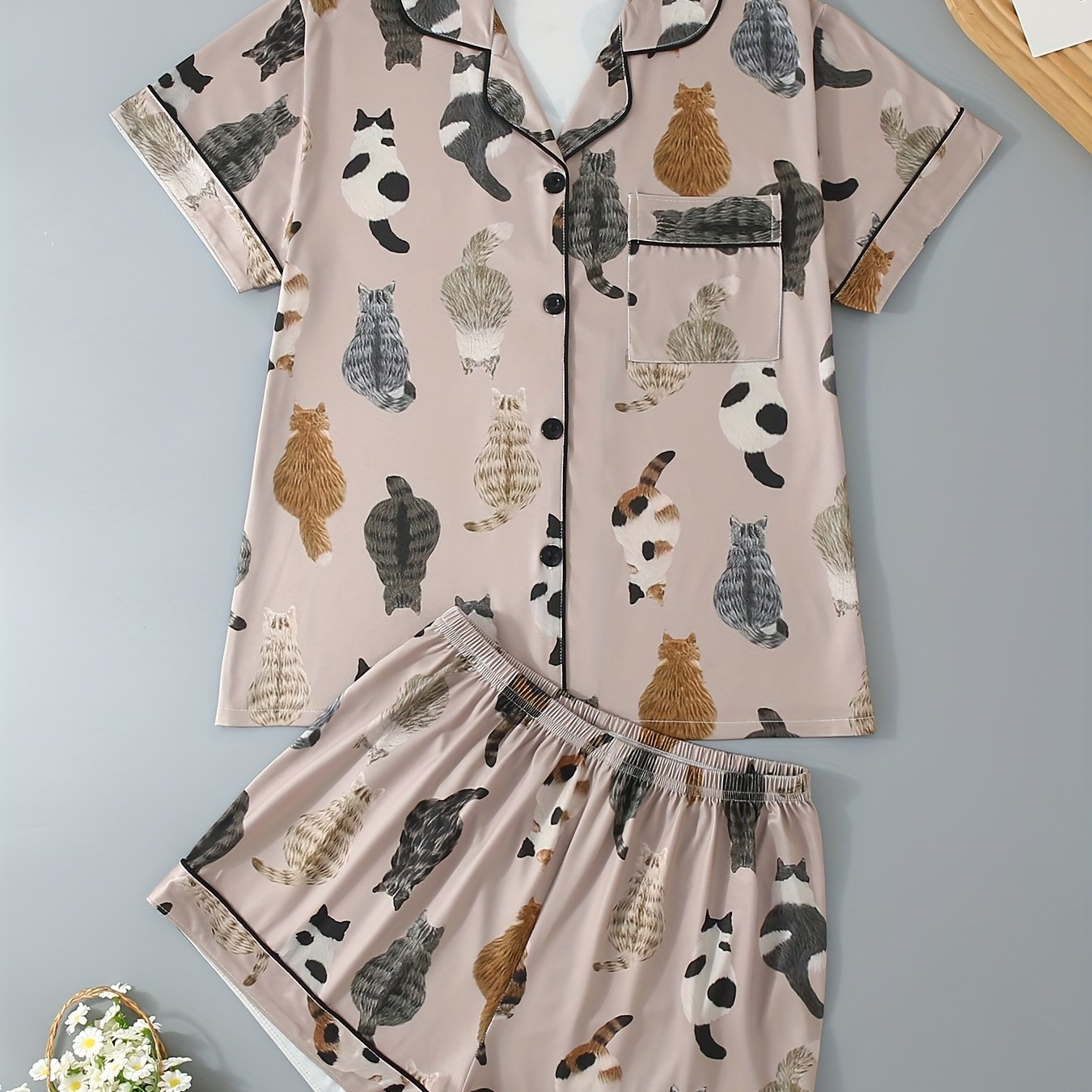 TEMU Cool Summer Short-sleeved 2pcs Set, Women's Pajamas Set, Shorts, Lapel Button Short Sleeves. Suitable For All , , Comfortable And Loose, Cartoon Casual Kitten Pattern