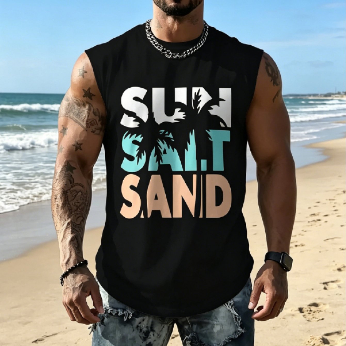 TEMU [printed Design - Not Textured] Coconut Tree Color Block Letter Print " Sand" Black Loose Sleeveless Tank Top, Beach Casual Top, Breathable,