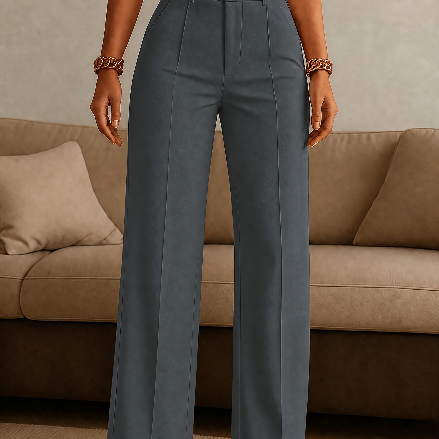 TEMU Pantalon de costume grande taille pour femmes, pantalon droit drapé taille haute printemps été