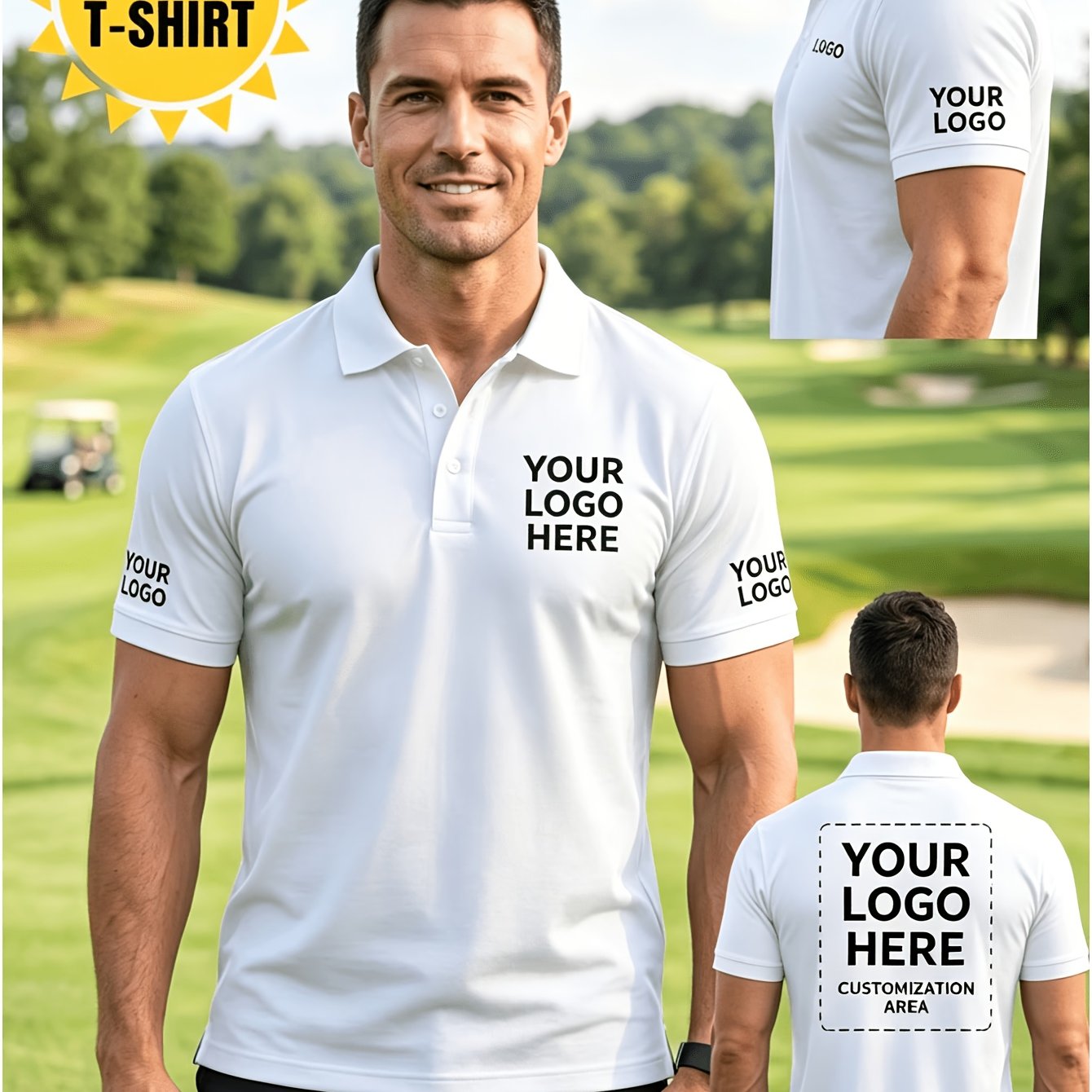 TEMU T-shirt POLO personnalisé pour homme à manches courtes, logo imprimé sur la poitrine gauche, dos imprimable avec images et photos, vêtement de