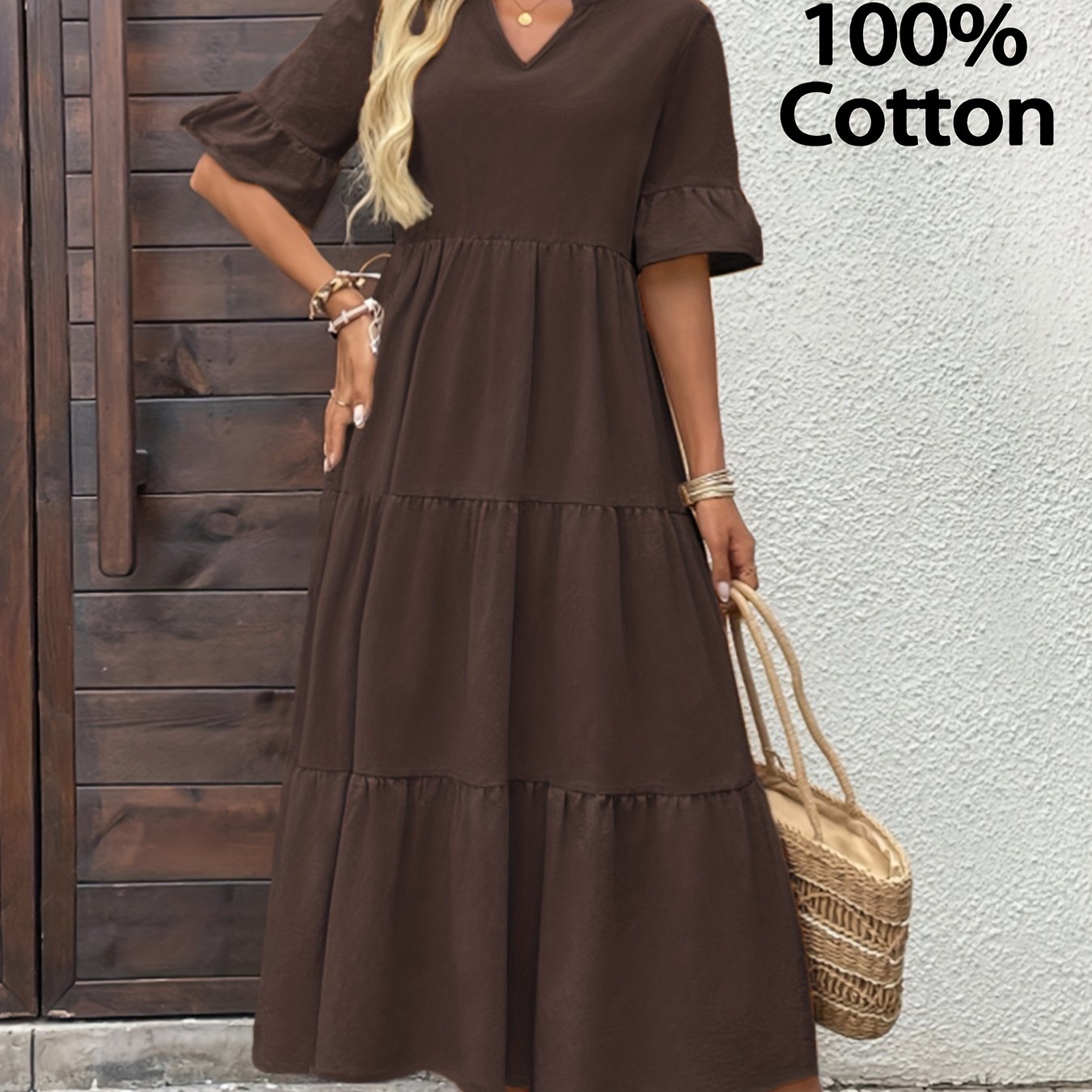 Women's Vacation Solid Color V-neck Dress, Comfortable Pure Dress, Women's Casual Wear With Ruffle Detail