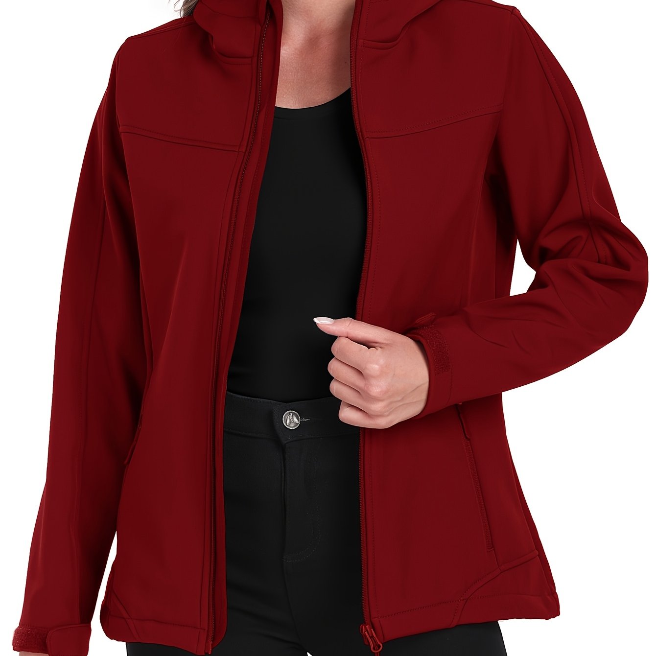 Image of Women's Softshell Jacket, Casual Warm Hooded Windproof Outerwear, Outdoor Hiking Windbreaker, With Adjustable Hood And Drawstring Hem, Suitable For Spring Autumn Winter Wear