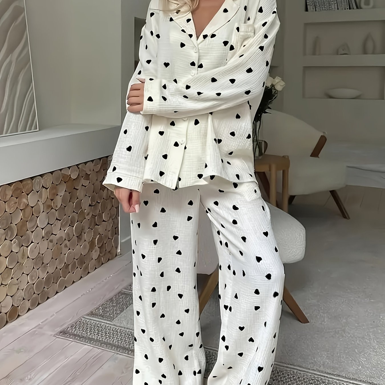 E-shop 2 Stück Damen Pyjama mit Kragen Knopfleiste - Langarm Nachthemd mit Hose - Gemütlicher Schlafanzug, Passendes 2-teiliges Pyjama-Set,