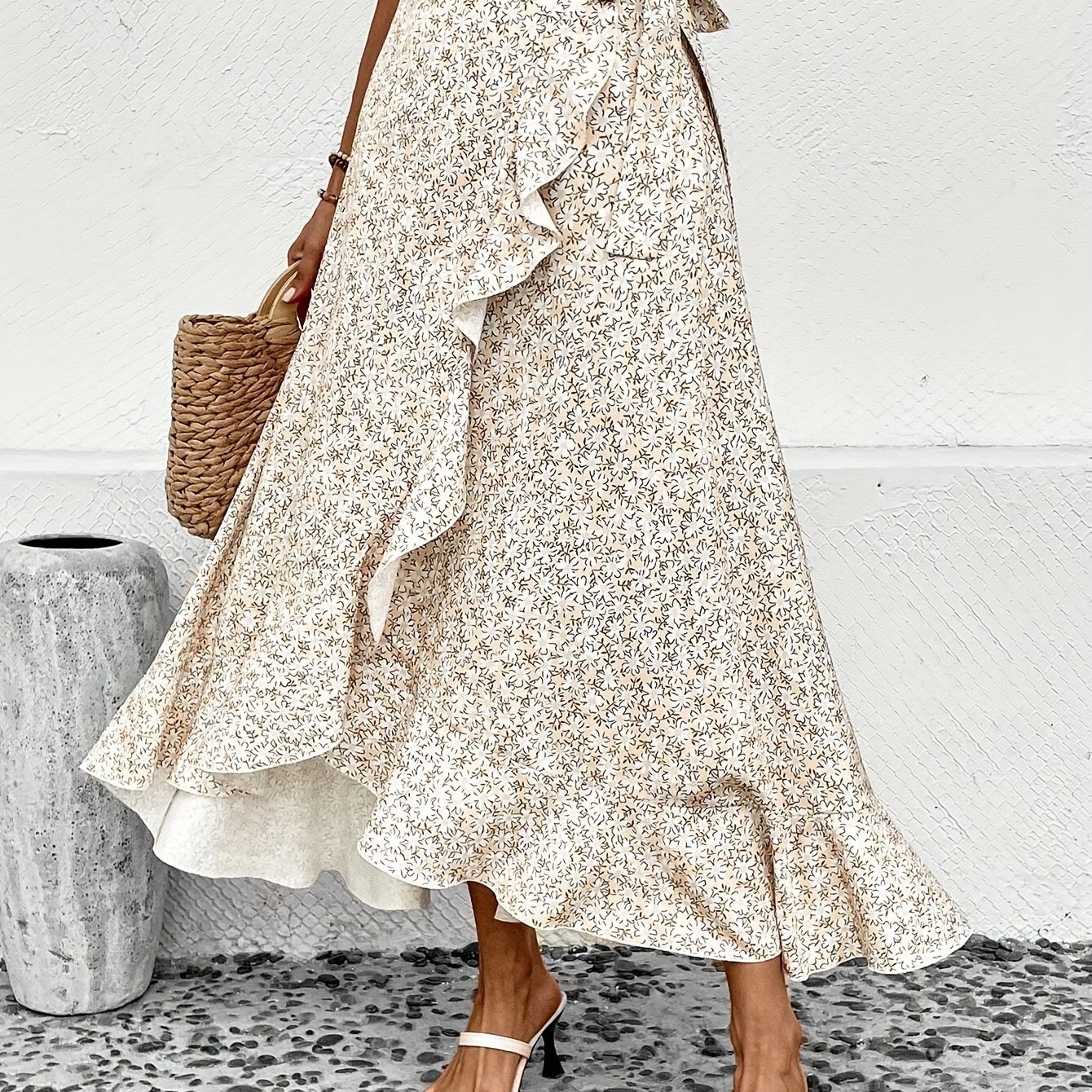 Dp013147+vika Targeted Style Women's Floral Print Trim Side-wrapped Skirt