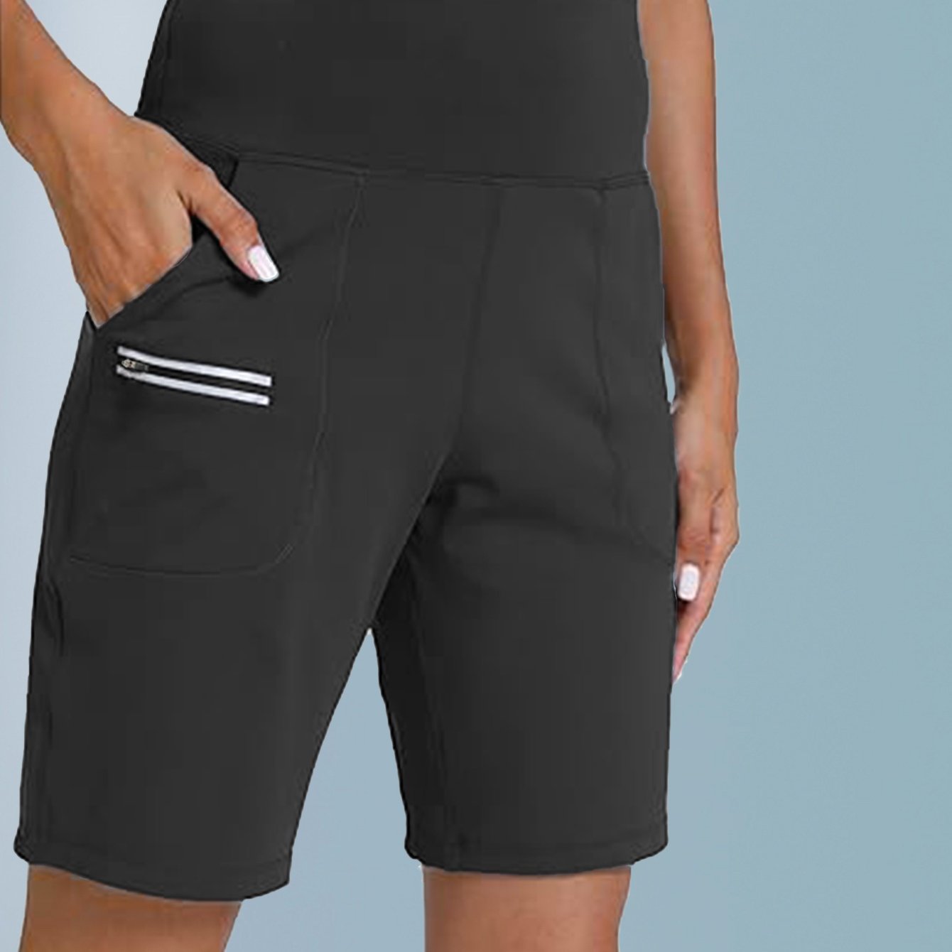 Image of Women's High-waist Soft Outdoor Athletic Shorts With Neon Zipper Pockets, Running Pants, Cycling Shorts, Fitness Shorts, Yoga Shorts, Bermuda Shorts