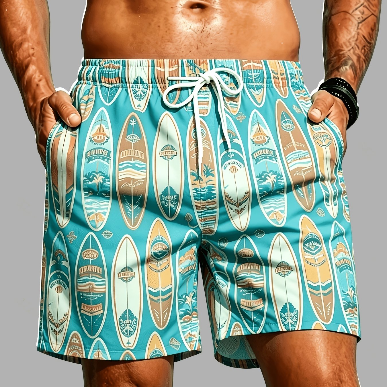 TEMU Men's Surf Print Beach Shorts, Casual Sportswear, Trendy Swim Trunks, Pattern For Everyday , Stylish For Daily Commutes And Vacation Outfits,