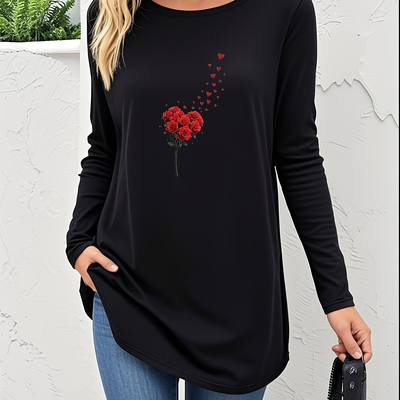 TEMU Red Print Women's Soft Crew Neck Long Sleeve Dress T-shirt, Valentine's Day Edition, Loose Fit Casual, Stylish And Versatile, Machine Washable,