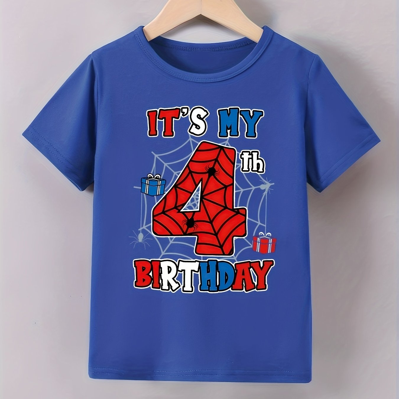 Image of Spring, Summer And Autumn Boys' Casual, Fashionable, Trendy And Cute " Birthday" Birthday Gift Printed Short-sleeved Top T-shirt, Suitable For Daily Use And Outdoor Activities