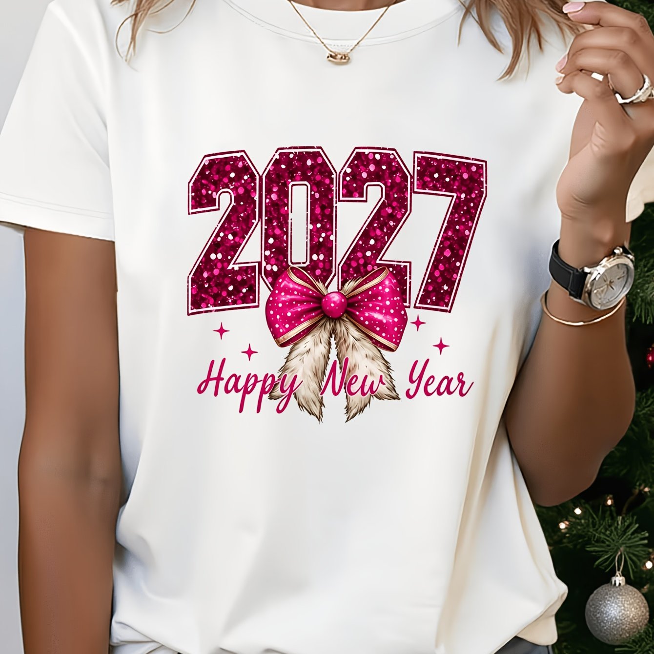 TEMU Women's Short Sleeve T-shirt 2027 Happy New Year Pink Glitter Bow New Year Print Round Neck Top, Casual Short Sleeve, Loose White T-shirt, Daily