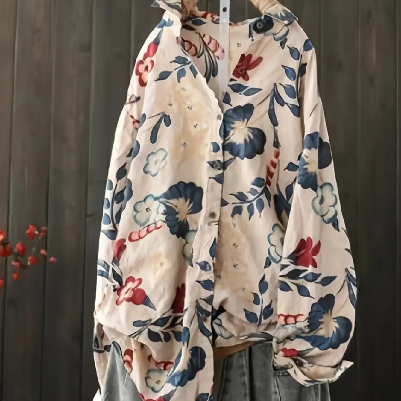 TEMU 女性用の花柄シャツ、中国風のリネンシャツ、仕事や通勤に適しています、洗濯機で洗える、カジュアルな長袖、少しゆったりしたフィット、仕事や外出に適しています、春、秋、夏に適しています。