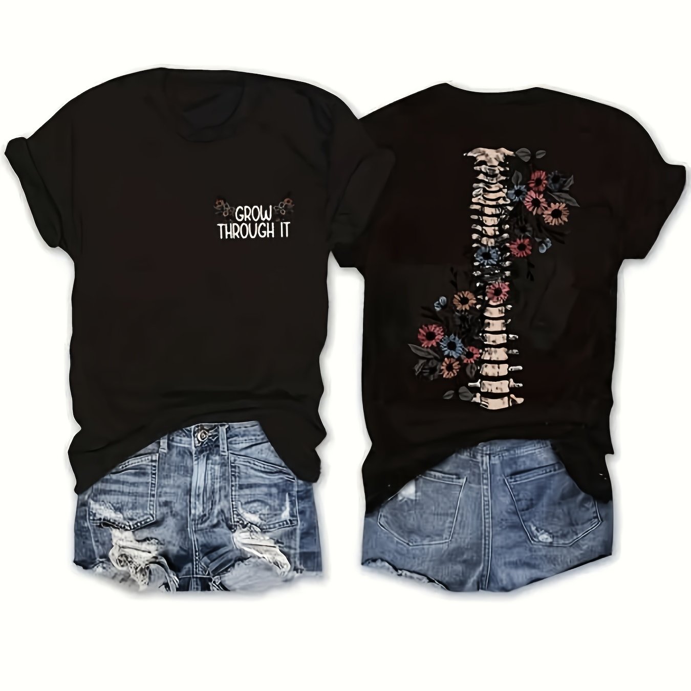 TEMU T-shirt à manches courtes et col rond avec imprimé colonne vertébrale florale pour pull, cadeaux de la Saint-Valentin, Noël, la fête des Pères,