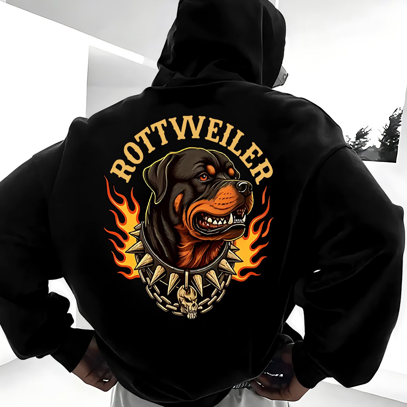 TEMU Men's Trendy Fashion Hooded Sweatshirt With Rottweiler Flame Necklace Print, Kangaroo Pocket Streetwear, Casual Daily Drawstring Hoodie