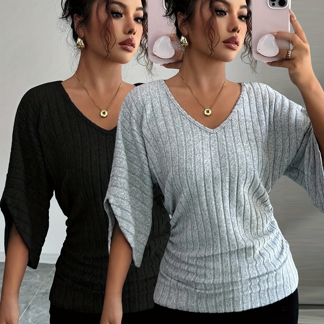 Image of 2pcs Women's Elegant V-neck Batwing Sleeve T-shirts - Soft Rough Texture Solid Color Medium-stretch Blouses, Machine Washable Fall/winter Layering For Casual & Office Wear (non-) -