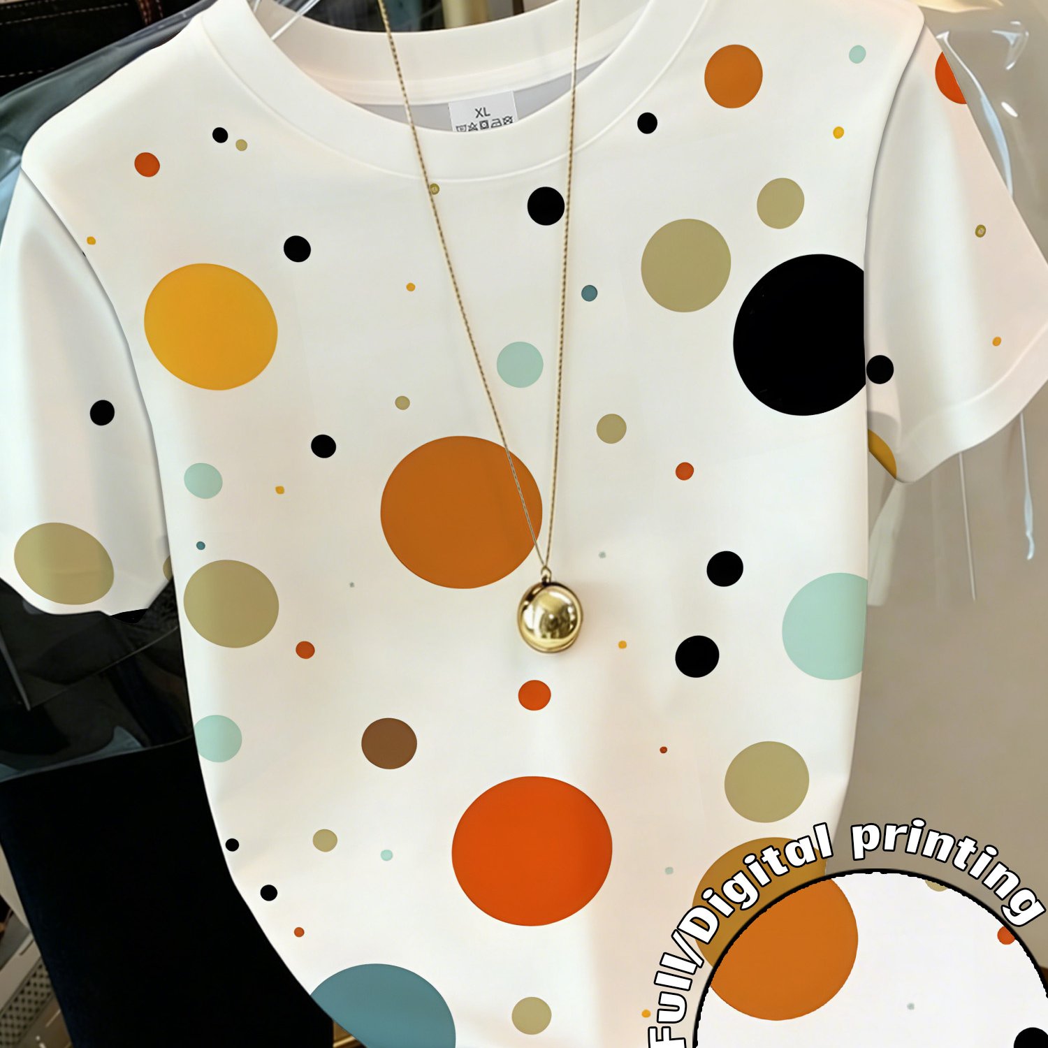 TEMU Women's Summer Short Sleeve T-shirt With Full-body Polka Dot Print - Round Neck -compatible Casual Top Suitable For Daily Wear, Home & Outdoor