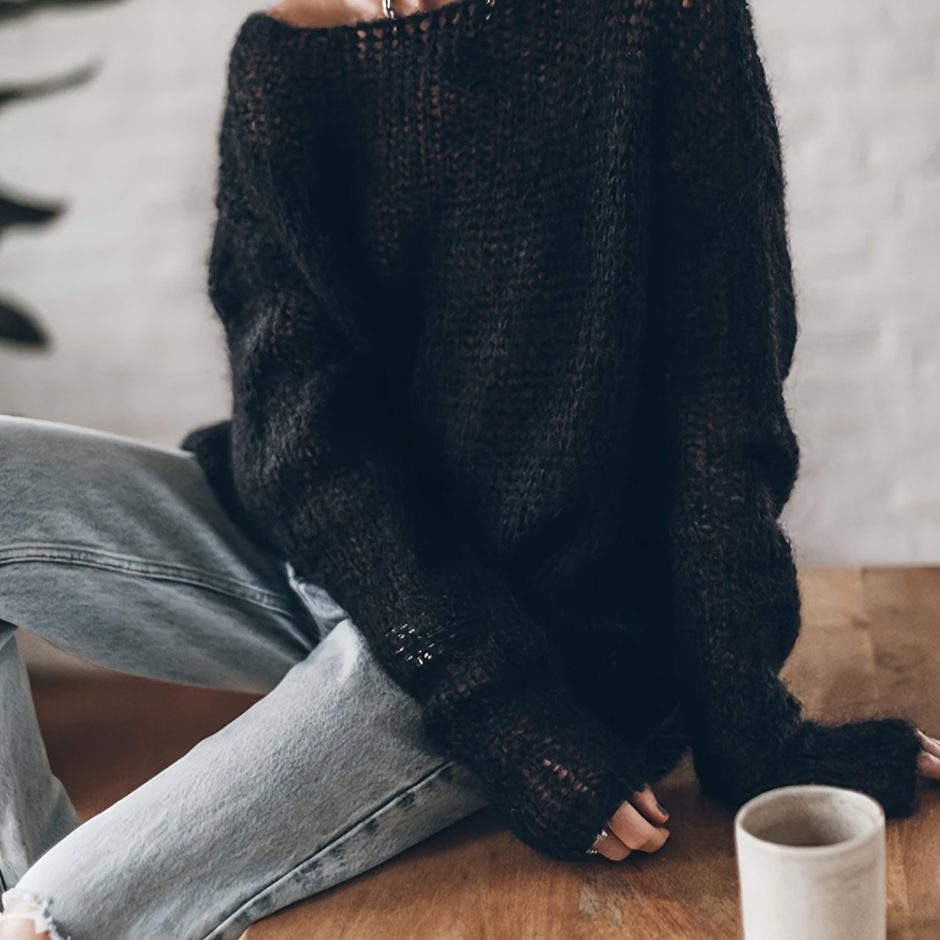 Women's Round Neck Sweater, Hollow Out Long Sleeve Solid Color Casual Spring/autumn