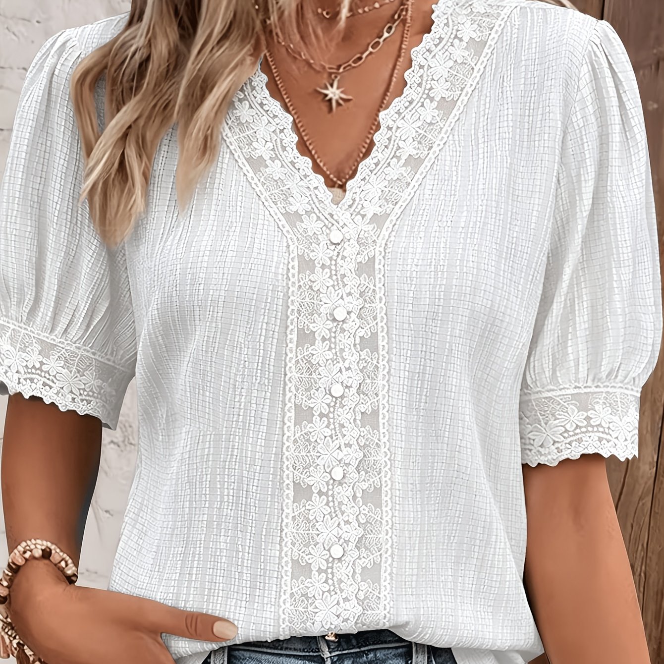 TEMU Spring/summer Solid Color Lace Short-sleeve Top