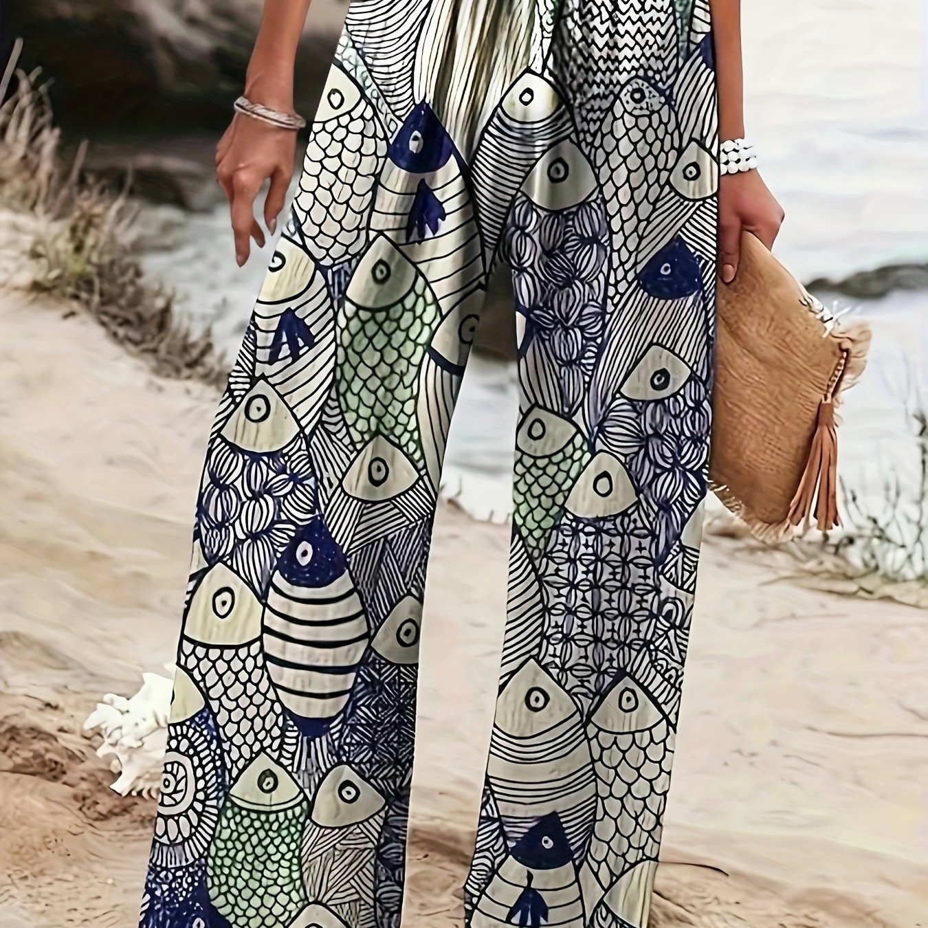 TEMU Women's Casual Vacation Wide-leg Pants/beach/retro Style/no Drawstring