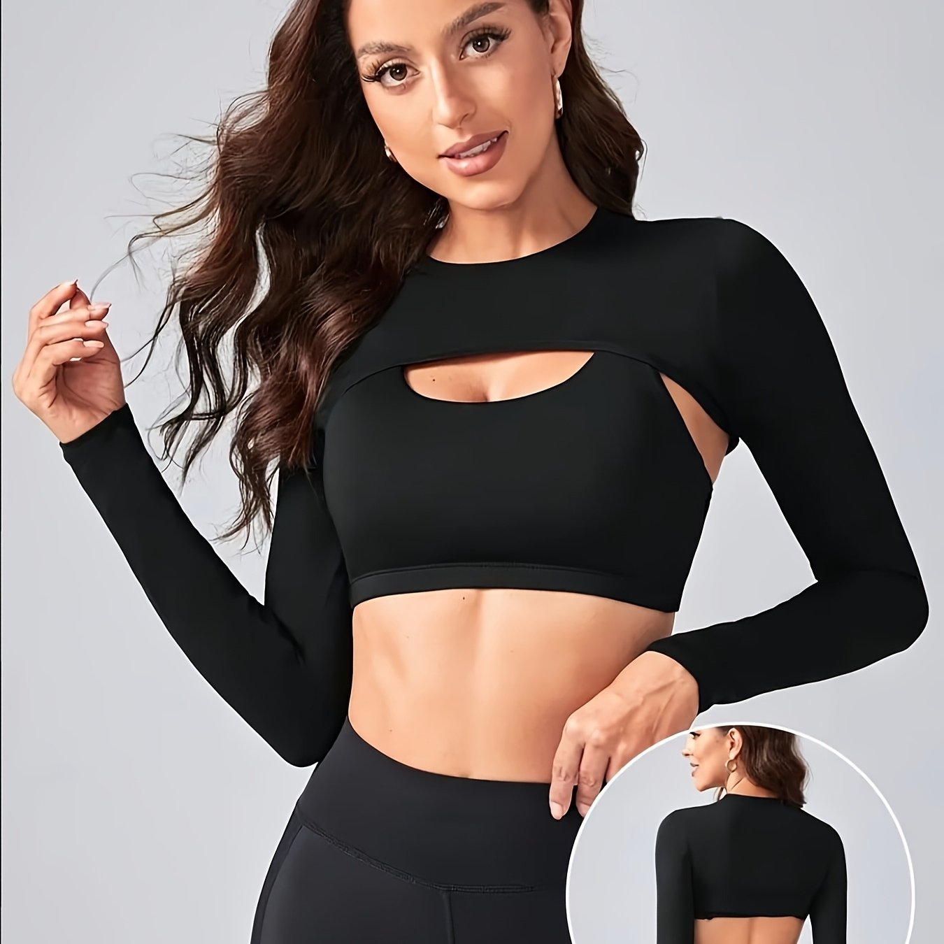 E-shop Damens Schwarzes Kurzarm Stretch-Langarmshirt - Rückenfreies Rundhals-Oberteil für Casual Wear, Mittlere Elastizität, Maschinenwaschbar,
