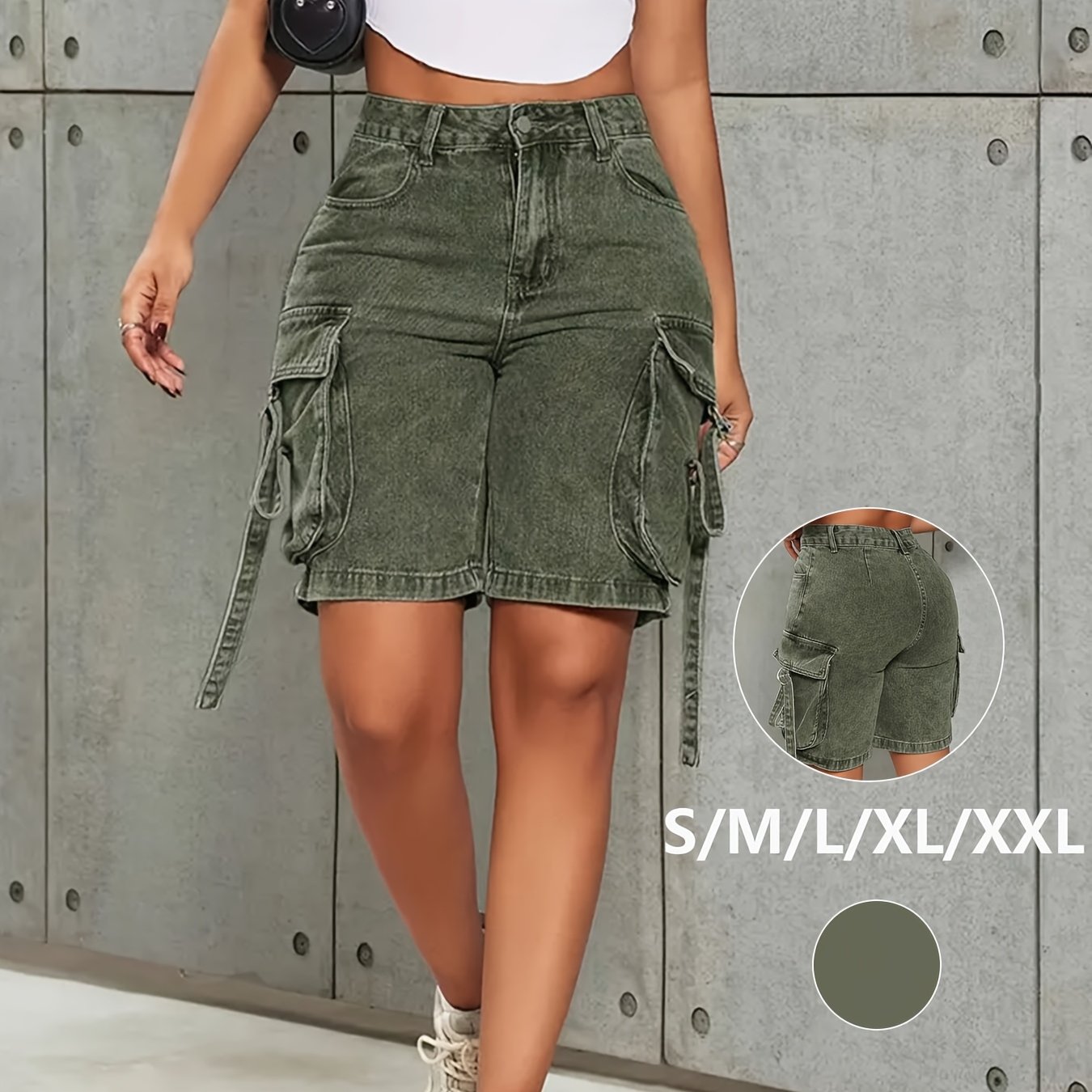Image of Women's Stretch Mid-waist Straight Shorts, Fashionable Organ-bag Denim Shorts, Rear Bagless Casual Pants, Comfortable Version, Fashionable Wear, Green Short Pants, Casual Going Out Can Wear