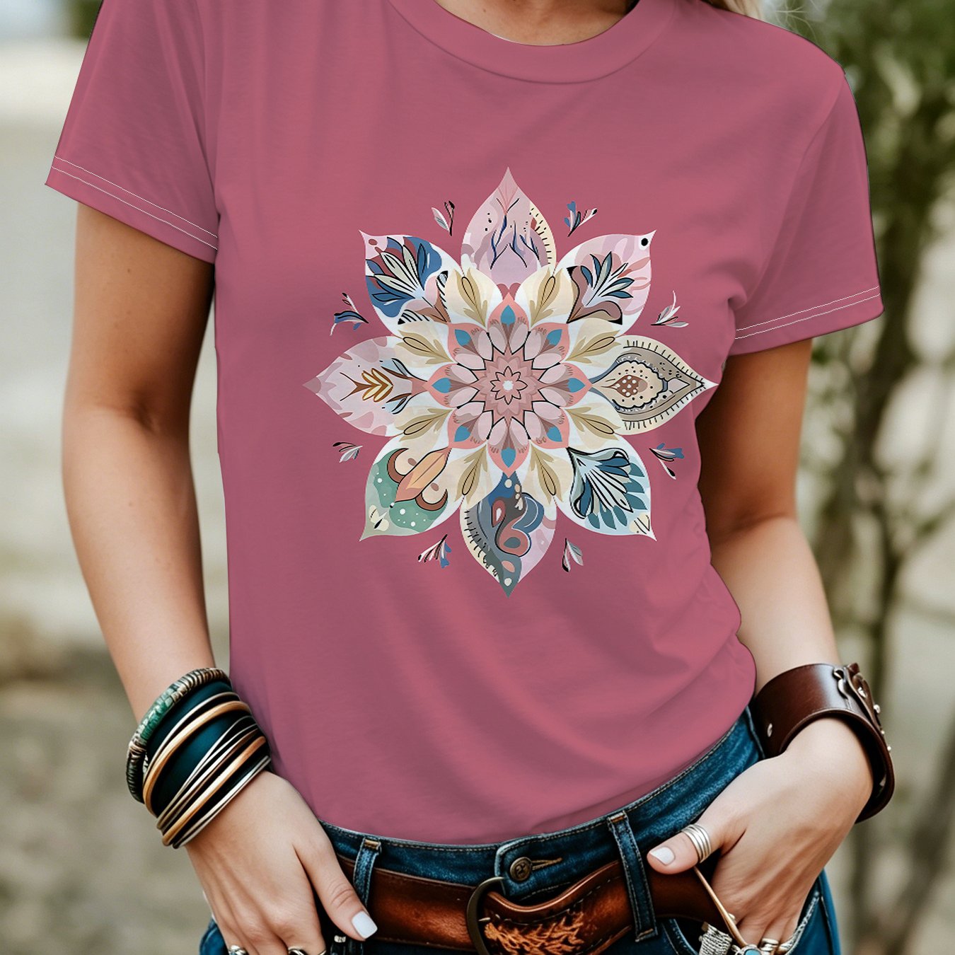 TEMU 여름 패션 여성용 새로운 만다라 아트 프린트 라운드넥 티셔츠, 가벼운 여름 캐주얼 여성 티셔츠