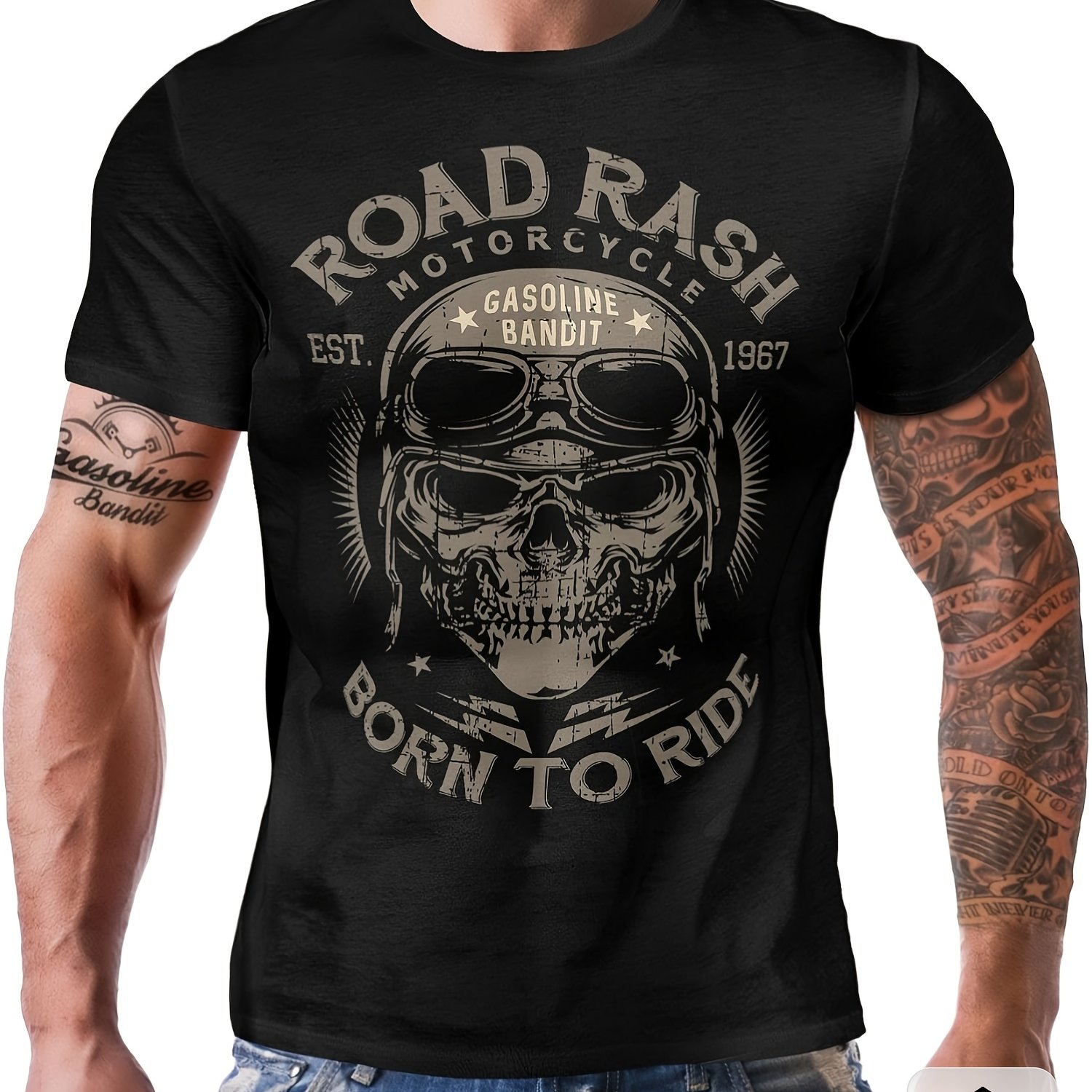 Gasoline Men's Biker Racer T-shirt - Vintage Motorcycle Skull & Graphic, Designed For , Black Casual Short Sleeve Tee For Bikers, Machine Washable
