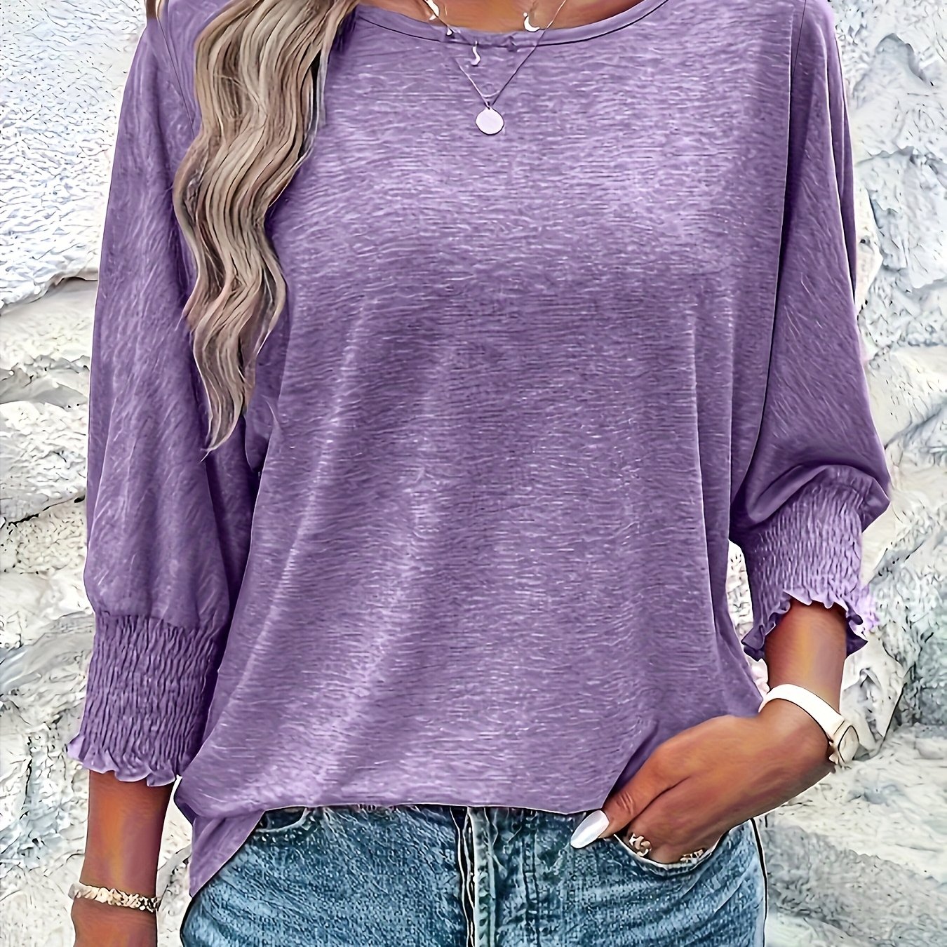 TEMU Nouvelle Printemps/Été Mode Femme, Style Simple et Décontracté, Couleur Unie Imprimé, Col Ras du Cou, Manches Trois-, Coupe Ample, T-shirt de