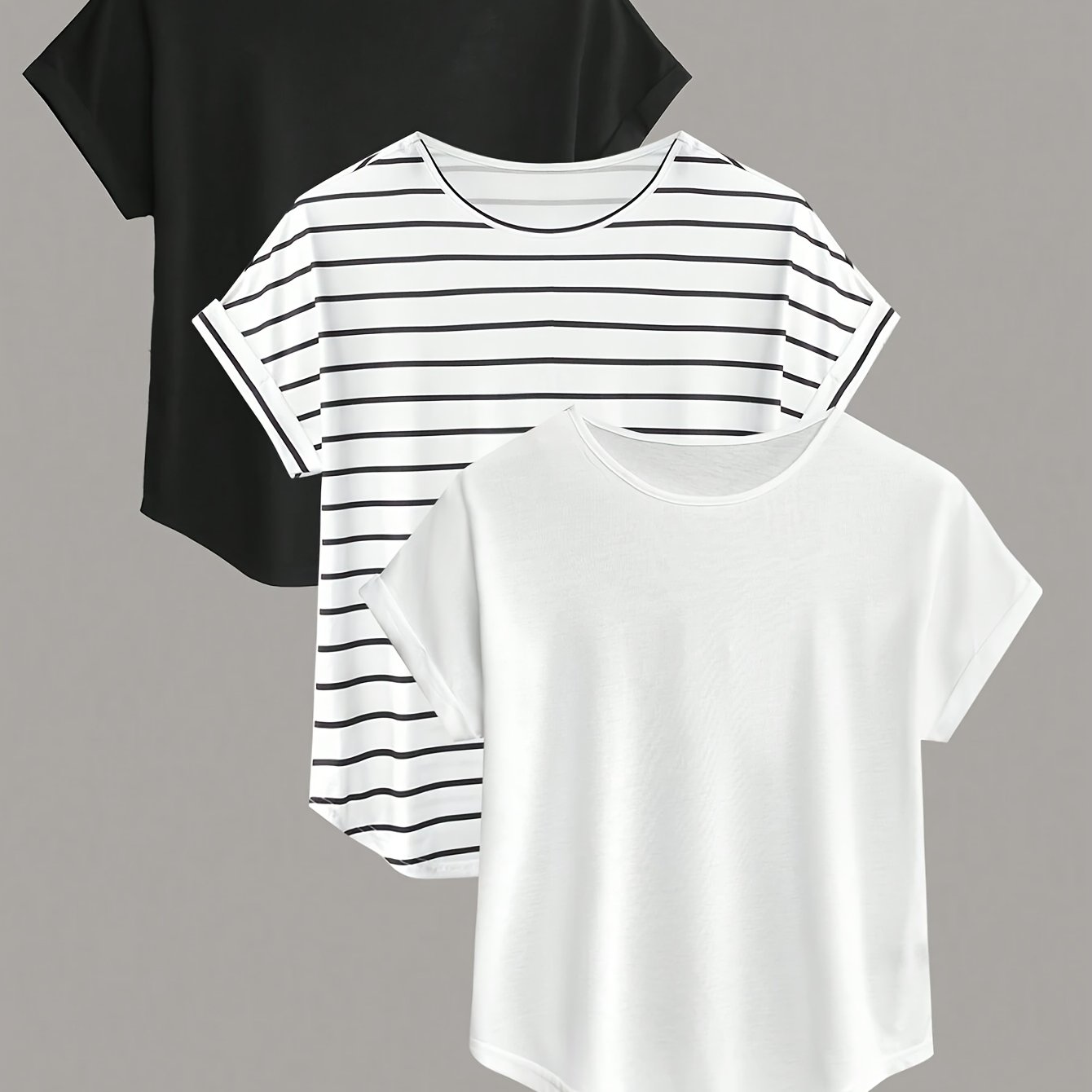 E-shop Damen 3-teiliger Pajistripe Schlafanzug - Kurzarm-Nachthemd mit passendem Morgenmantel & Nachtkleid, Rundhals-Pyjama, Handwäsche -