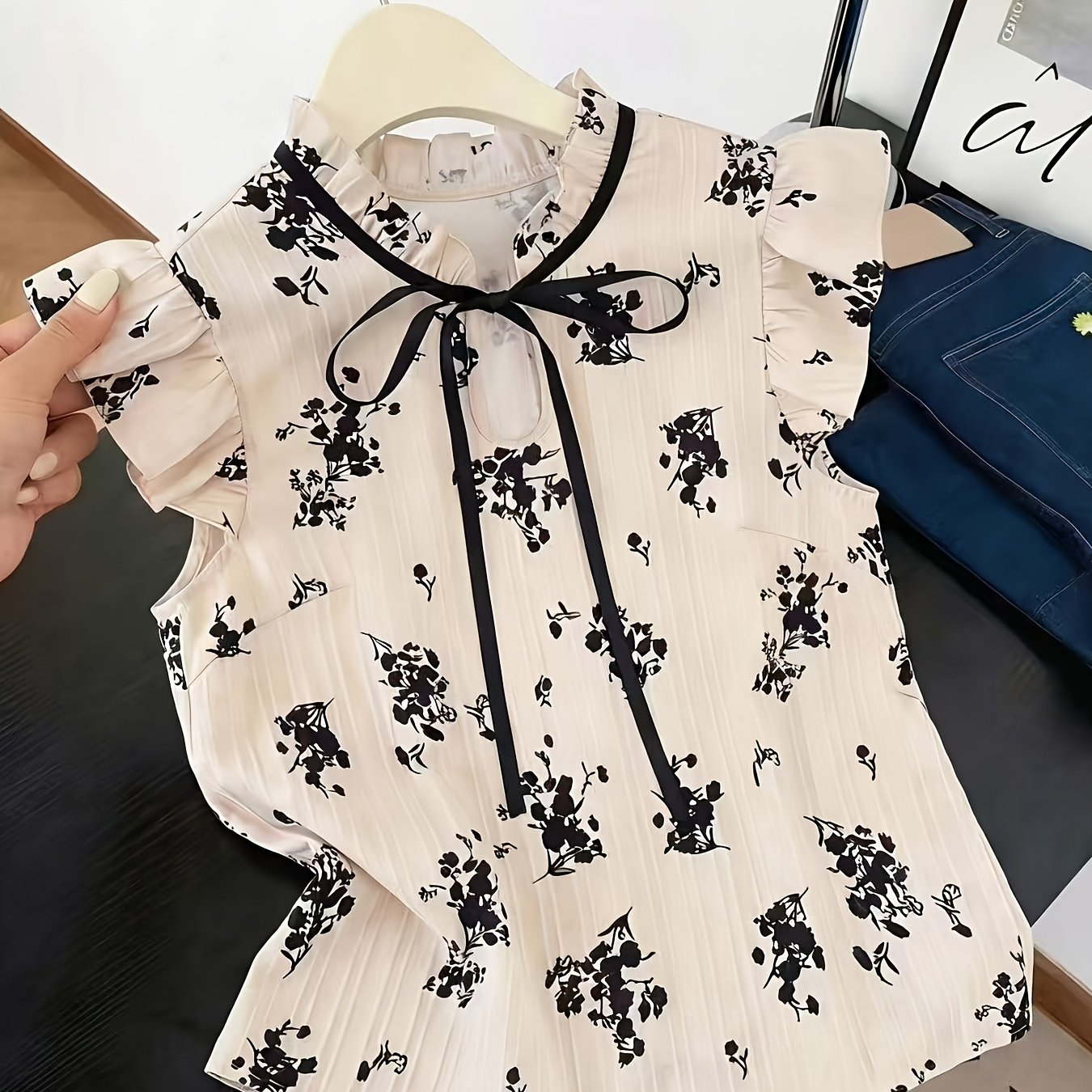 TEMU 2026 New Women's Printed Lace-up Ruffle Sleeve Shirt. Suitable For Women's Summer, Spring, Valentine's Day, Carnival, Beach, Parties, Birthdays,