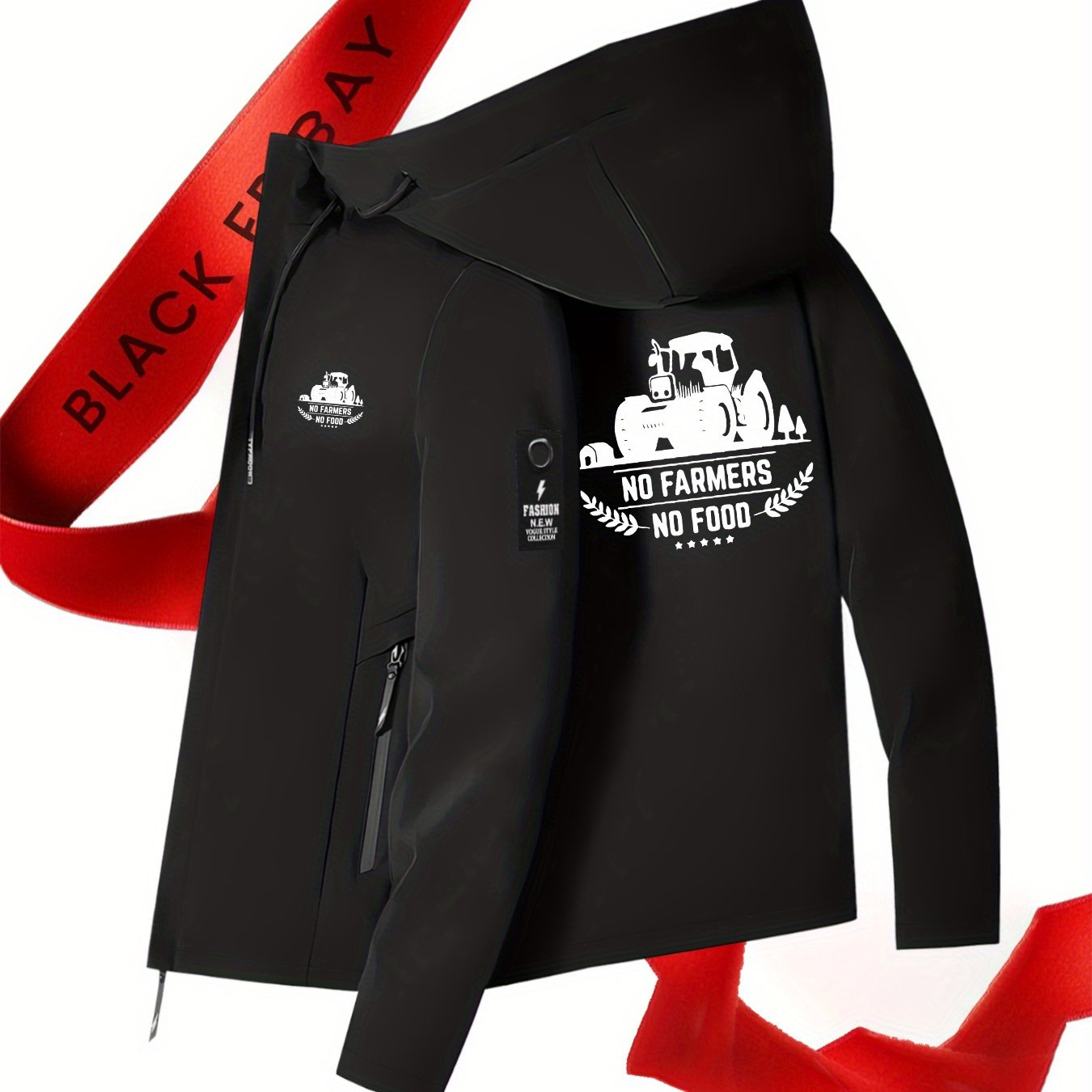 TEMU Men's Fashion New Jacket With "no Farmer, No Food" Print, Zippered Pockets, Lightweight Windproof Sports Jacket, Drawstring Hooded Style -