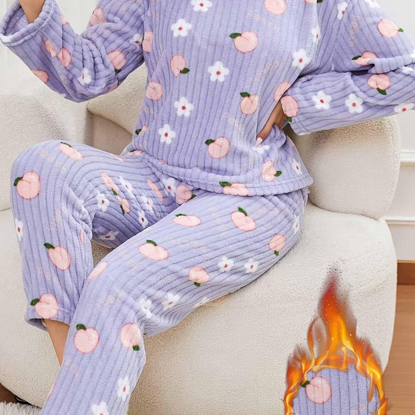 TEMU 2pcs Autumn/winter Plush-lined Thickened Women's Pajama Set, Simple And Stylish Peach Fruit Print Loungewear, Long Sleeve And Long Pants Set,