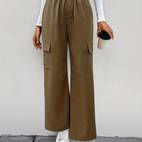solid high waist pants casual straight leg slant pockets pants womens clothing