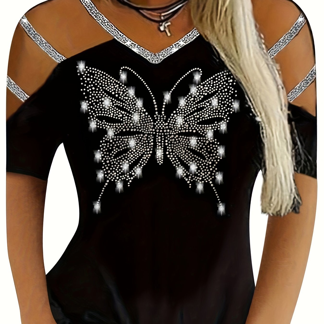 Plus Size, Cut-out Band Rhinestone Embellished Plus-size Women's Short-sleeve Top