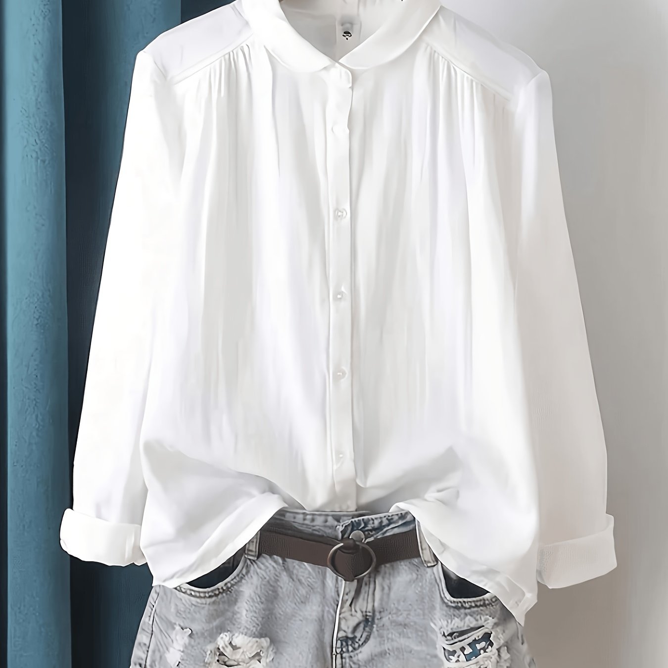 TEMU Women's Elegant White Long Sleeve Shirt, Casual Blouse